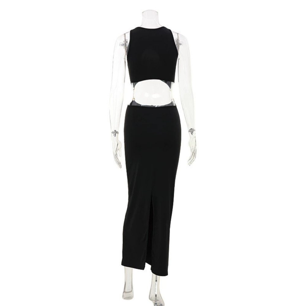 ZARA Summer Trendy Sexy Round Neck Cutout Sleeveless Solid Color Midriff Dress